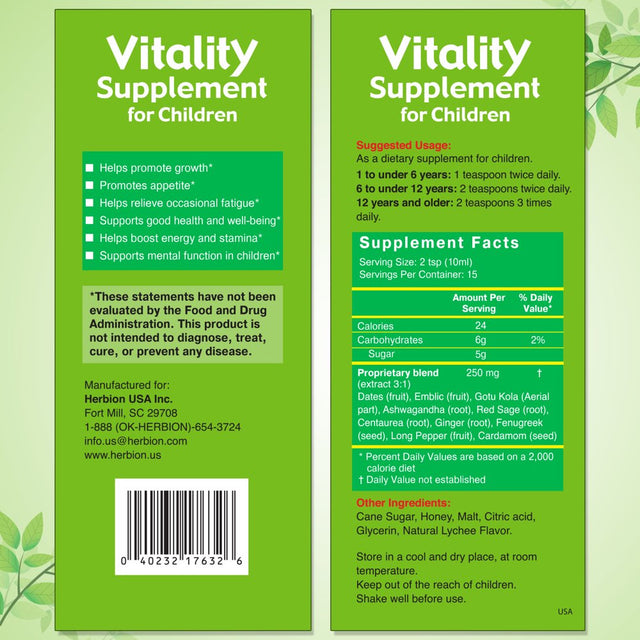 Herbion Naturals Vitality Supplement for Children - Promotes Growth & Appetite - Relieves Fatigue - Improves Mental & Physical Performance – Boosts Energy - 5 Fl Oz – 150 Ml – for Kids 1 Years & Above