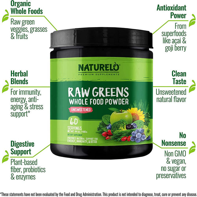 NATURELO Raw Greens Superfood Powder - Unsweetened - Boost Energy, Detox, Enhance Health - Organic Spirulina - Wheat Grass - Whole Food Nutrition from Fruits & Vegetables - 60 Servings