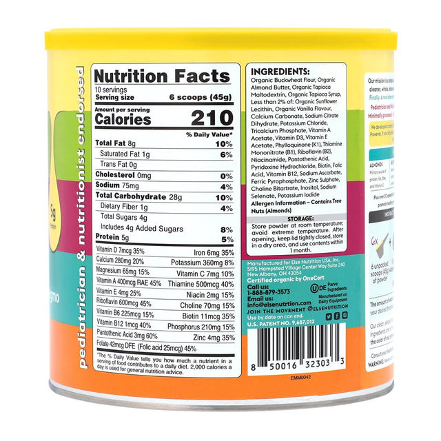 Else Nutrition Plant-Based Formula Organic Vanilla Kids Shake, Low Sugar, Clean Label, Non-Gmo