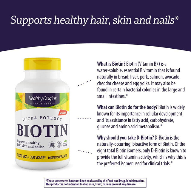 Healthy Origins Biotin 10,000 Mcg (USP Grade, Non-Gmo, Gluten Free, Hair Support, Nail Support), 360 Veggie Caps