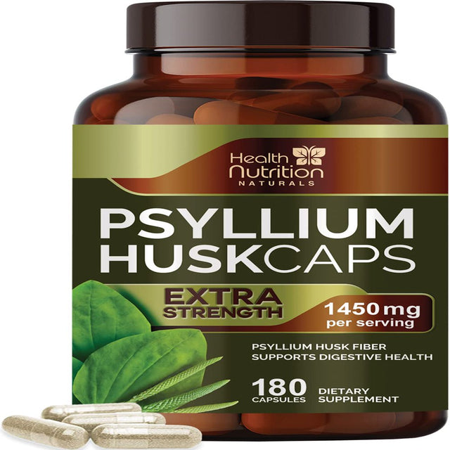 High Absorption Psyllium Husk Caps 1450 Mg, Natural Soluble Psyllium Husk Fiber Supplement, Non-Gmo Gluten Free Digestive Support, Psyllium Husk Powder Support Digestion & Regularity - 180 Capsules