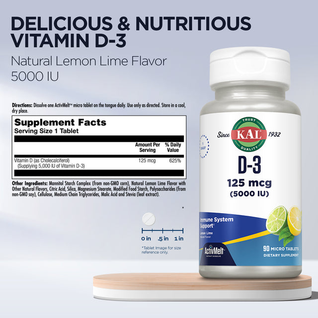 KAL Vitamin D-3 5000 IU | Natural Lemon Lime Activmelt Micro Tablets | Healthy Immune Function & Bone Support | 90 Ct