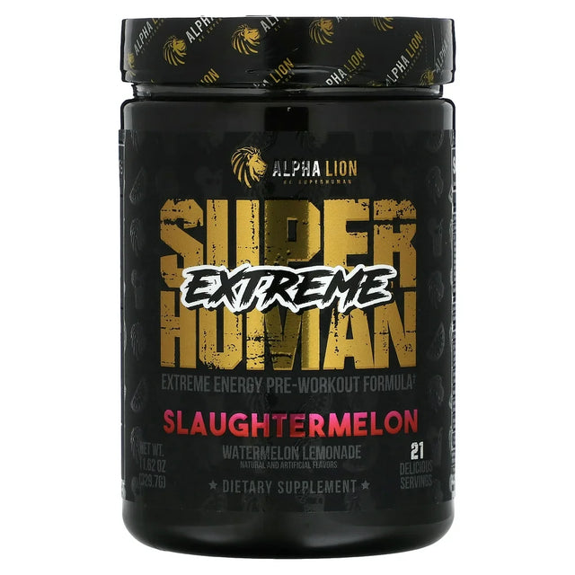 ALPHA LION Superhuman Extreme, Extreme Energy Pre-Workout Formula, Intense, Sustained Energy and Focus, Elevated Nitric Oxide, Maximum Pumps & Nutrient Delivery (21 Servings, Slaughtermelon)