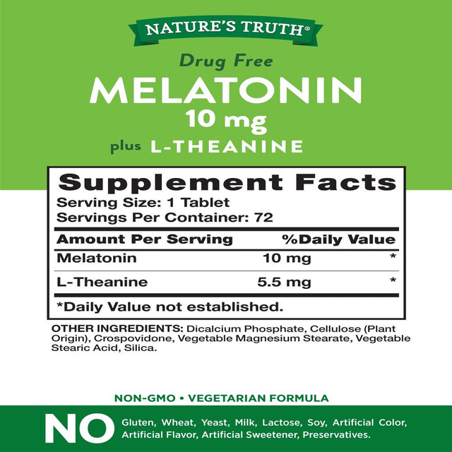 Melatonin 10 Mg + L-Theanine | 72 Tablets | Maximum Strength Nighttime Sleep Aid | Vegetarian, Non-Gmo, Gluten Free | by Nature'S Truth