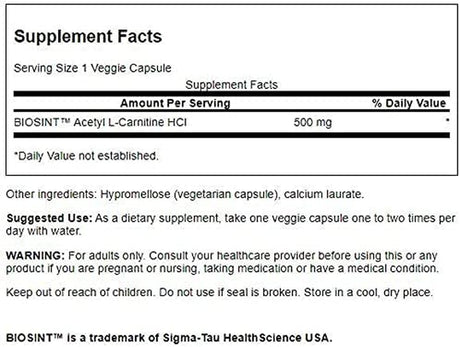 Swanson Amino Acid Acetyl L-Carnitine Hcl 500 Milligrams 120 Veg Capsules (2 Pack)