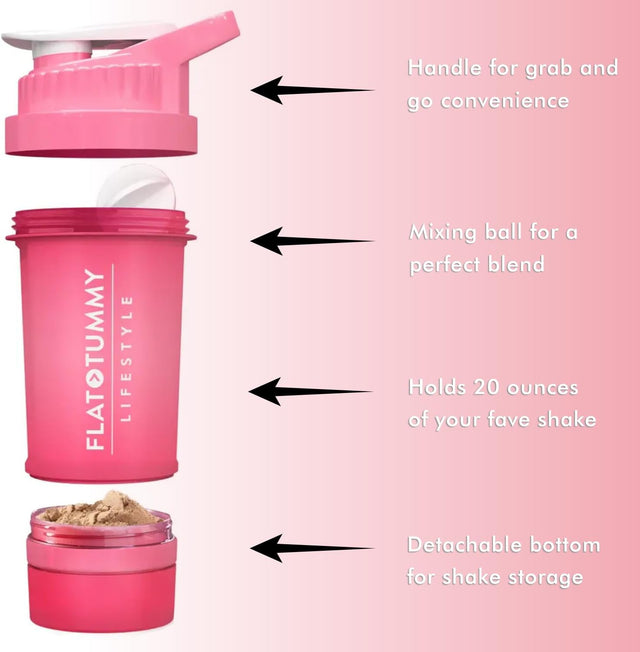 Flat Tummy Protein Shaker Bottle with Powder Storage - Pink Blender Bottle Shaker 20Oz - Protein Mixer with Protein Shaker Ball - Cute Shaker Bottle for Women - Preworkout Bottle