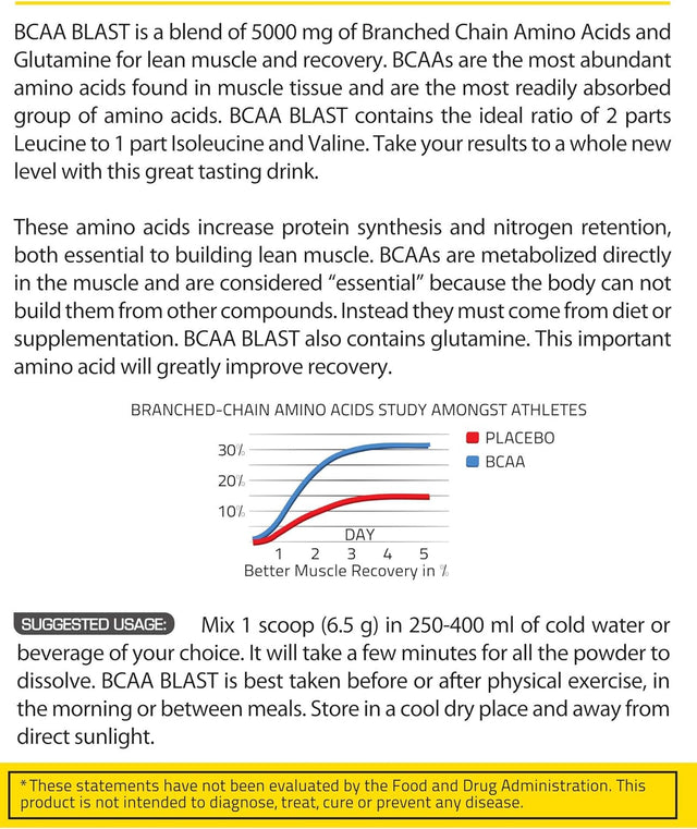 BCAA BLAST Powder 5000Mg Supplement 2 1 1 Ratio Branched Chain Amino Acids 500G 250G 38 77 Servings Leucine Isoleucine Valine Glutamine Optimum Muscle Recovery Intra Pre Workout Energy Hydration Drink