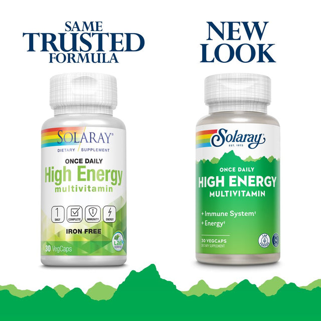 Solaray Once Daily High Energy Multivitamin, W/ No Iron | Complete Multi W/ Whole Food & Herb Base | Non-Gmo | 30 Vegcaps