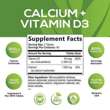 Calcium 1200 Mg plus Vitamin D3, Bone Health & Immune Support - Nature'S Calcium Supplement with Extra Strength Vitamin D for Extra Strength Carbonate Absorption Dietary Supplement - 180 Tablets