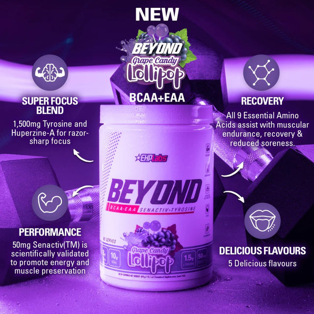 Ehplabs beyond BCAA Powder Amino Acids Post Workout Recovery - Bcaas Essential Amino Acids EAA Supplements Powder - 10G Amino Acids Supplement for Muscle Recovery, 60 Servings (Grape Lollipop)