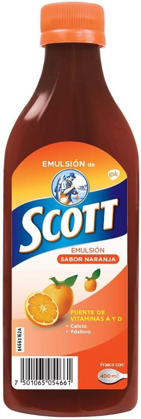 Scott Emulsion Orange Flavor - Family Size 400Ml - Vitamin Supplement Rich in Cod Liver Oil, Vitamins a and D, Calcium and Phosphorus - Emulsion Scott Naranja (2 PACK)