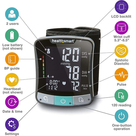 Healthsmart Digital Premium Wrist Blood Pressure Monitor with Cuff That Measures Pulse Heartbeat and High or Low BP, 120 Reading Memory Stores up to 60 Readings for 2 Users