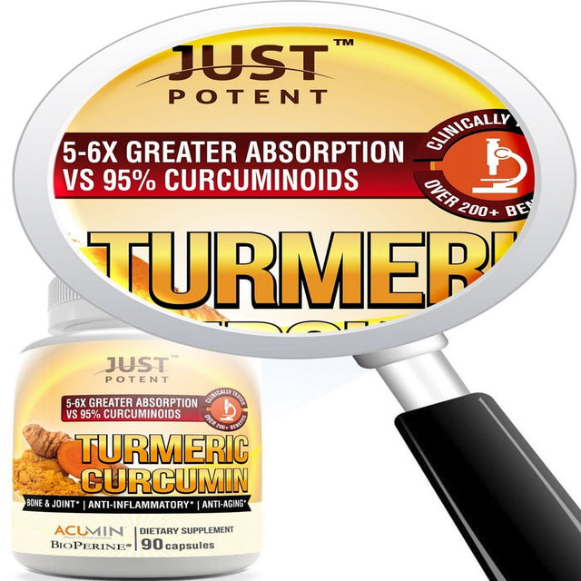 Just Potent Ultra-High Absorption Turmeric Curcumin with Bioperine | 3-Month Supply | Joint Health, Bone and Antioxidant | 90 Capsules