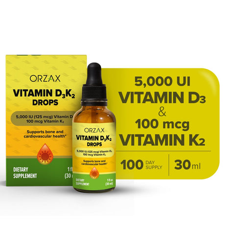 ORZAX Vitamin D3 K2 Drops - Supports Bone Density and Calcium Absoprtion - for Bone, Muscle and Heart - (1Fl Oz - 30 Ml)