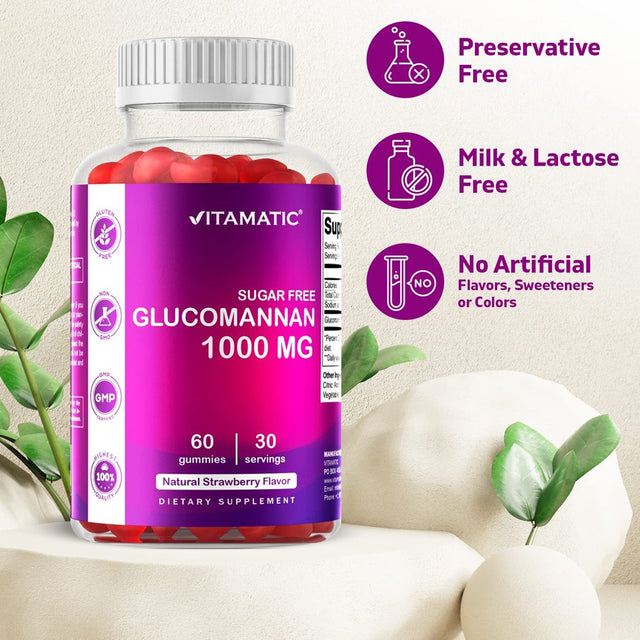 Vitamatic Sugar Free Glucomannan Gummies (Amorphophallus Konjac Root) - 1000Mg per Serving - Natural Strawberry Flavor - 60 Gummies