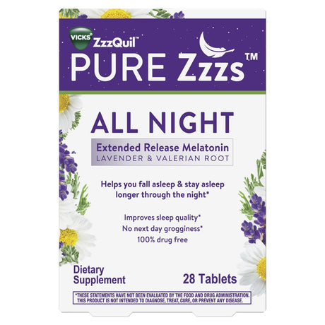 PURE Zzzs All Night Extended Release, Adult Sleep Aid Tablets, 2 Mg Melatonin Tablets, 28 Ct