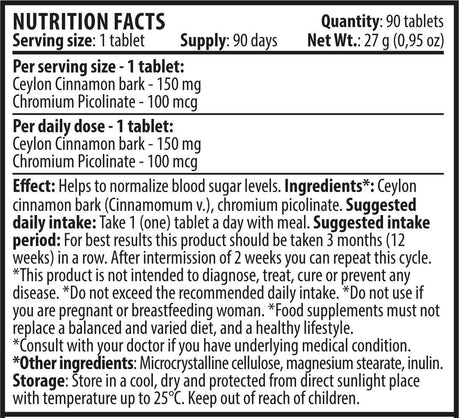 Appetite Balance | Ceylon Cinnamon 150Mg | Chromium Picolinate 100Mcg | 90 Tablets (90 Days Supply) | Premium Supplement to Aid Metabolism of Carbs and Sugar