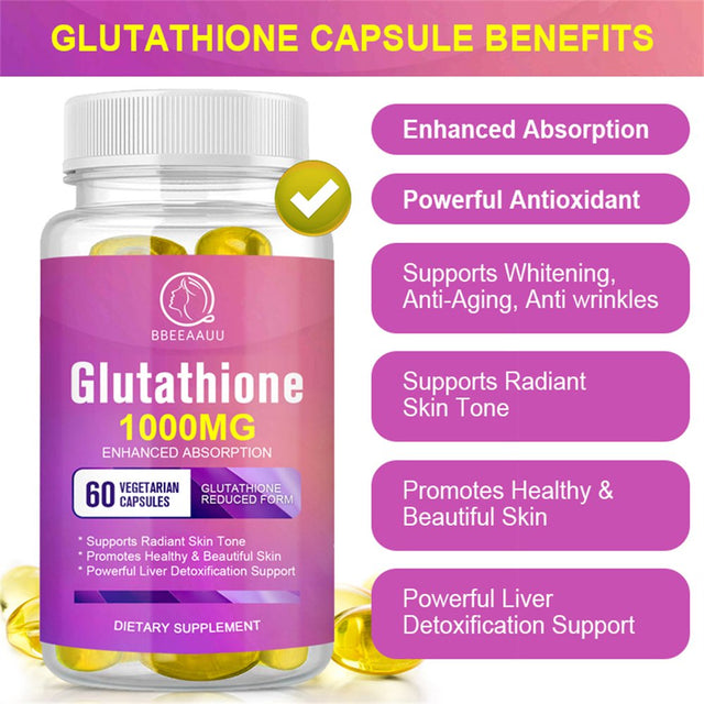 (2 Pack) Bbeeaauu 1000Mg Glutathione Pills 120 Pcs, Anti-Aging, Anti-Wrinkle, Protect Liver Health & Skin Care Capsules