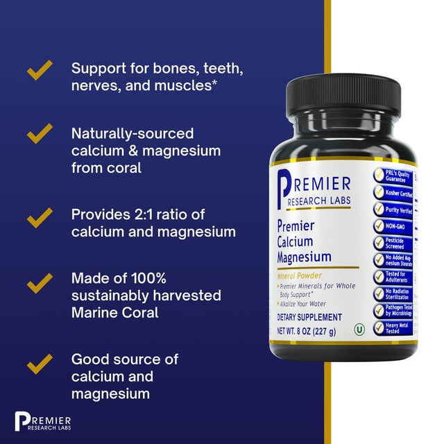 Premier Research Labs Calcium Magnesium - Pure Sango Marine Coral Powder - Supports Bone, Joint, Teeth & Alkaline Ph for Whole-Body Health - Non-Gmo Supplement with No Added Stearates - 8 Oz