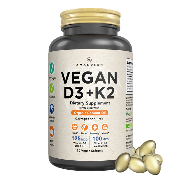 Amandean Vitamin D3 K2. Vegan D3 5000 Iu from Algae. All-Trans MK-7 K2. 120 Softgels. Plant-Based & Carrageenan Free. Organic Coconut Oil Blend. Vit D + K for Mood, Bones, Heart, Teeth, Immune Health.