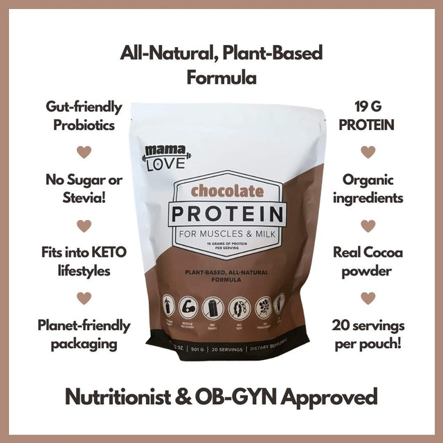 Mama Love Chocolate Protein for Muscles & Milk | Unsweetened | Supports Muscle Recovery & Breast Milk Supply in Moms | Plant Based | Vegan | Organic Ingredients | Probiotics | 20 Servings