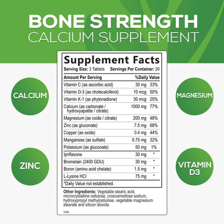 Bone Supplement with 1000 Mg Calcium, Magnesium, Boron, Zinc, Vitamin D3 and K - Dietary Supplements for Bone Strength with Calcium Citrate and MCHA - Non-Gmo, Gluten and Soy Free - 60 Capsules