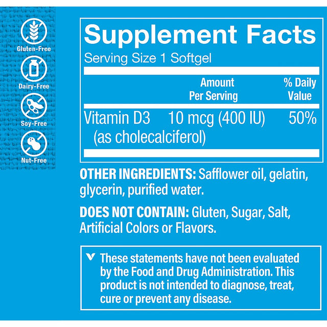 Vitamin D3 400IU Softgel, Supports Bone & Immune Health, Aids in Cellular Growth & Calcium Absorption, Gluten Free & Once Daily Formula (200 Softgels) by the Vitamin Shoppe