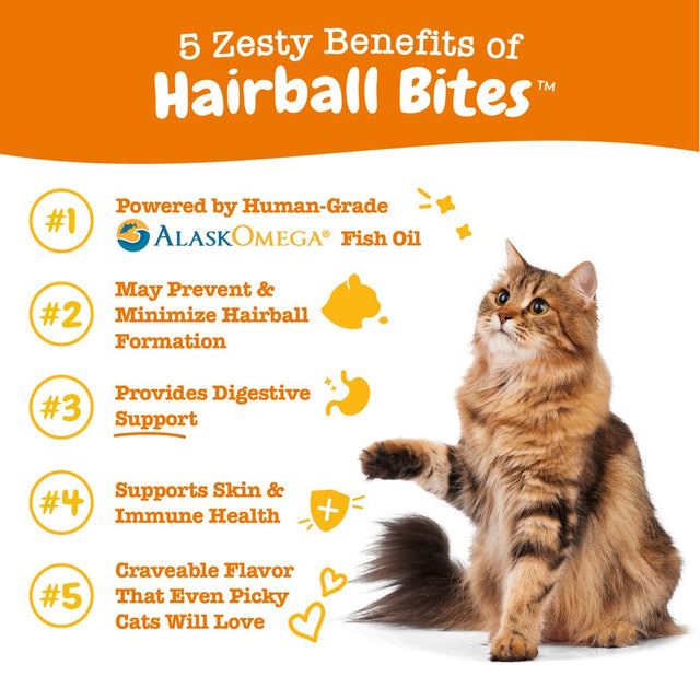 Zesty Paws Gut Health Hairball Bites™ for Cats, Functional Treat Supplement W Psyllium, Fish Oil, Biotin & Zinc, Bacon Flavor, 30 Count Soft Chews