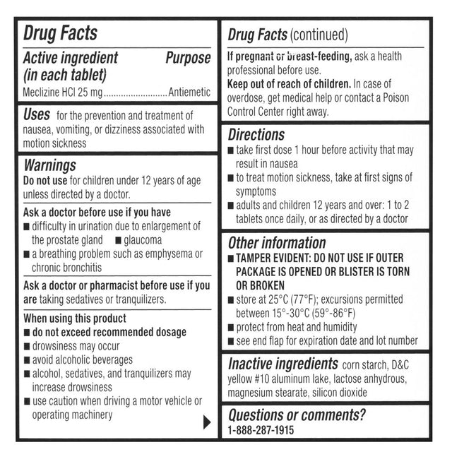 Equate Nausea Relief Meclizine Hcl Tablets, 25 Mg, 10 Count