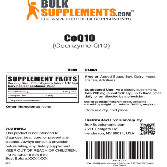 Bulksupplements.Com Coenzyme Q10 (Coq10) Powder - Coq10 Nutritional Supplements - Coq10 Antioxidant - Coq10 Vegan (500 Grams - 1.1 Lbs)