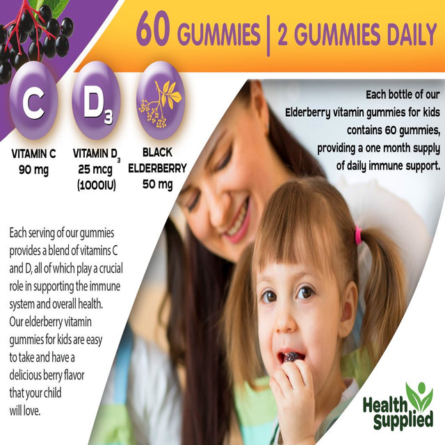 Health Supplied Sambucus Black Elderberry Gummies for Kids | Triple Immune Support | Elderberry plus Vitamin C & D