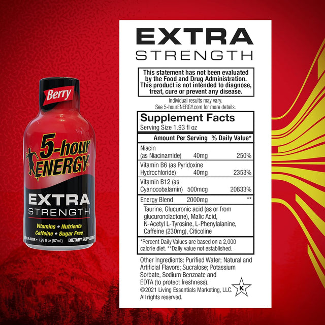 5-Hour ENERGY Shots Extra Strength | Berry Flavor | 1.93 Oz. 30 Count | Sugar Free 4 Calories | Amino Acids and Essential B Vitamins | Dietary Supplement | Feel Alert and Energized