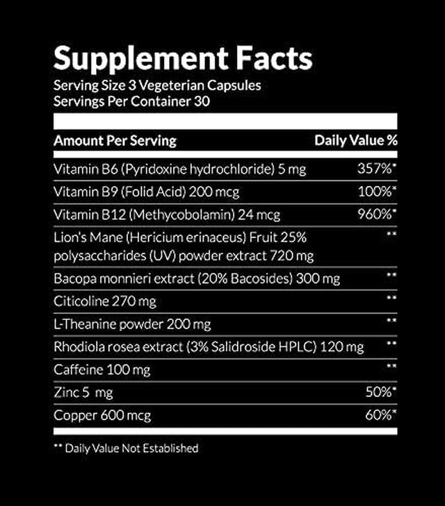 Premium Brain Supplement for Focus, Energy, Memory 90 Veg. Capsules - No Fillers & Harmful Ingredients Peak Performance - Recommended by Professionals, Students, Doctors & Active 60+