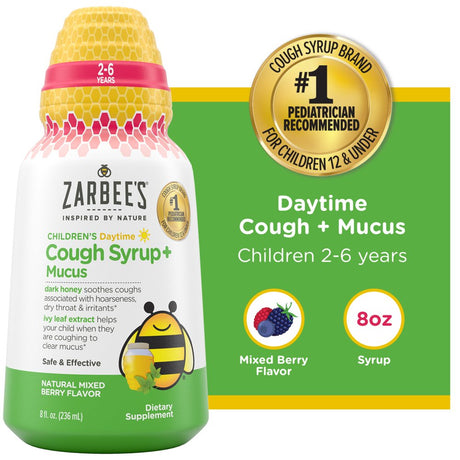 Zarbee’S Kids Cough + Mucus Daytime with Honey, Ivy Leaf, Zinc & Elderberry, Mixed Berry, 8FL Oz