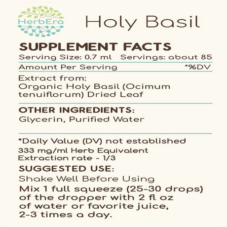 Holy Basil Alcohol-Free Herbal Extract Tincture, Super-Concentrated Organic Holy Basil (Ocimum Tenuiflorum) Dried Herb 2 Oz