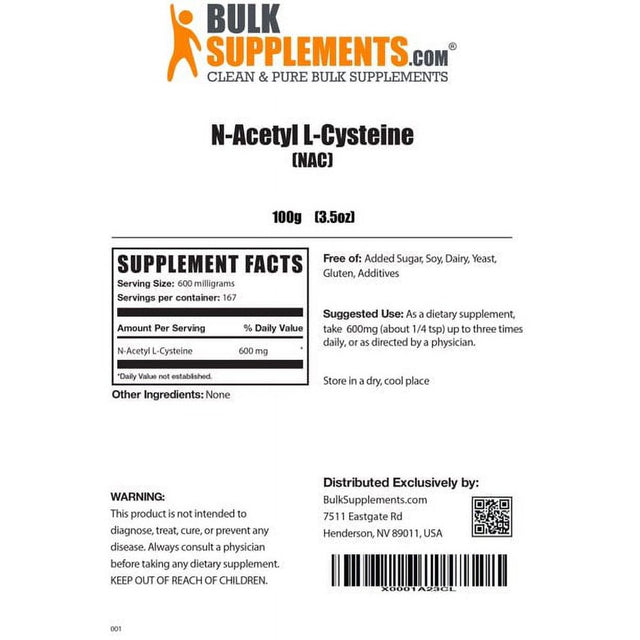 Bulksupplements.Com NAC (N-Acetyl L-Cysteine) Powder, 600Mg - Lung Support Supplement (100 Grams)