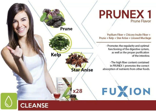 All Natural Detox Cleanse Instant Tea Mix Prune & Plum W. Fiber & Inulin for Optimal Intestinal Transit by Fuxion Prunex 1 (10 Sachets)