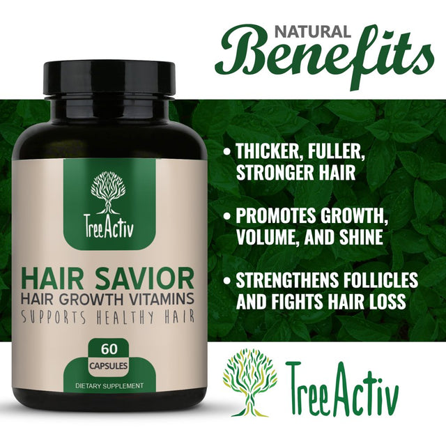 Treeactiv Hair Savior, Biotin + Saw Palmetto Hair Growth Vitamins, Volumizer & Thickening Supplement, Folate, MSM, B Complex Hair Growth Pills, 60 Capsules, 30-Day Supply