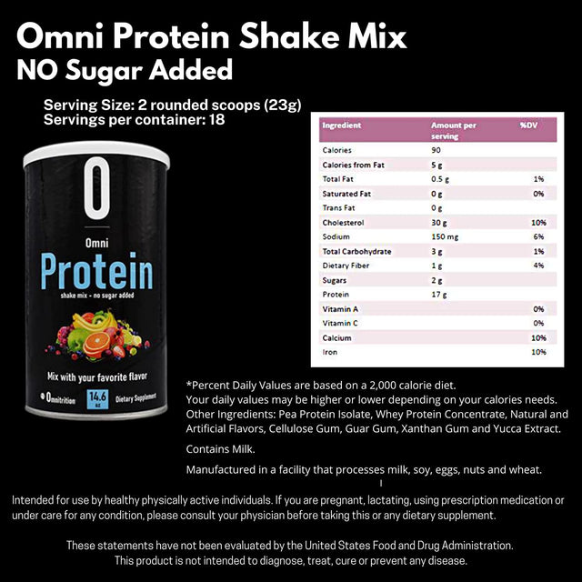 Omnitrition Omni Protein Shake Mix (No Sugar Added), Unflavored, 14.6 Oz