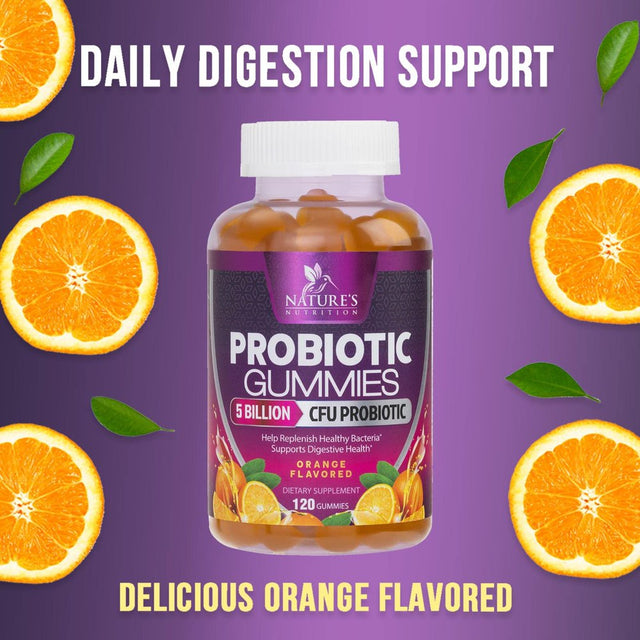 Nature'S Nutrition Probiotics for Women & Men Gummy, Extra Strength 5 Billion CFU, Lactobacillus Acidophilus Daily Probiotic Supplement, Supports Immune & Digestive Health, Orange Flavor, 120 Gummies