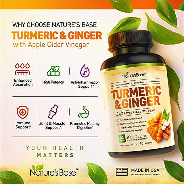 Turmeric Curcumin with Ginger & Apple Cider Vinegar, Bioperine Black Pepper, 95% Curcuminoids, Natural Joint & Healthly Inflammatory Support, Antioxidant Tumeric Supplement, Made in USA, Nature'S Base