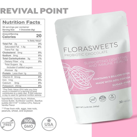 Revival Point Florasweets Probiotic Chocolates | Gut Health | Chocolate for Weight Management | Metabolism Support | Sugar-Free Chocolate 1-Pack (30 Squares)