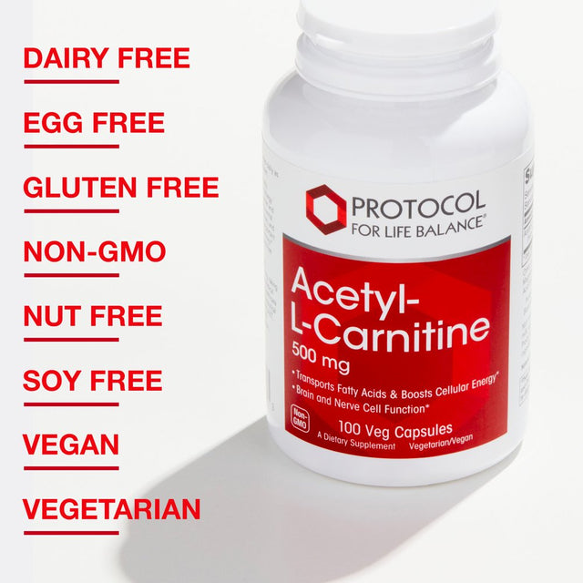 Protocol for Life Balance - Acetyl-L-Carnitine 500 Mg - Helps Transport Fatty Acids, Reduce Unwanted Fat, Boosts Energy, Cognitive Brain Support, Enhances Performance and Recovery - 100 Veg Capsules