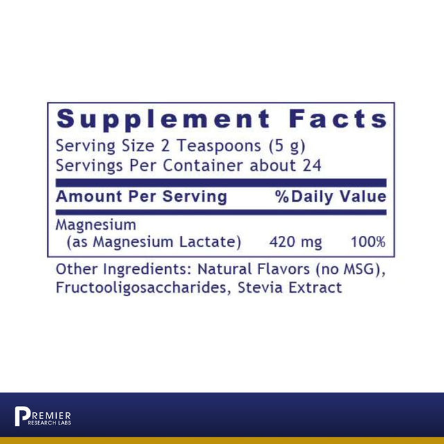 Premier Research Labs Magnesium - Supports Healthy Heart, Bones, Teeth & Ph Balance - Magnesium Lactate Powder - Highly Absorbable Magnesium Source - Watermelon Flavor without Added Sugar - 4 Oz