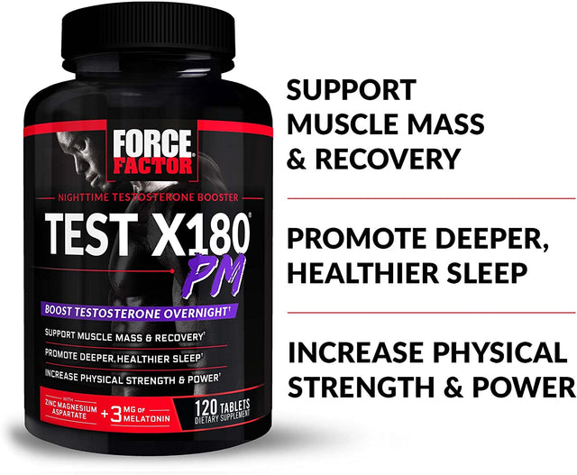 FORCE FACTOR Test X180 PM, 3-Pack, Testosterone Booster for Men, Overnight Testosterone Supplement to Build Muscle, Increase Strength, and Promote Deeper, Healthier Sleep and Recovery, 360 Tablets