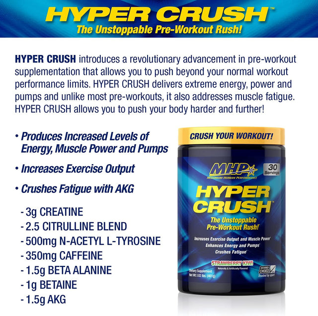 Maximum Human Performance Hyper Crush Pre Workout Powder, Increases Energy, Muscle Pumps, Power, Fights Fatigue, Creatine, Beta Alanine, Nitric Oxide, Citrulline, AKG, Strawberry Kiwi, 30 Servings