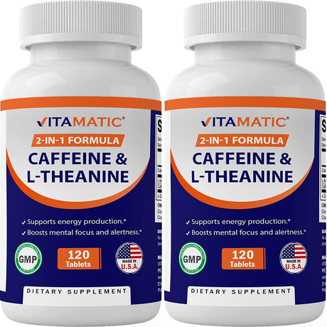 2 Packs Vitamatic Caffeine Pills with L-Theanine - 300 Mg per Tablet - 120 Vegetarian Tablets - Nootropic Supplement for Focused Energy (Total 240 Tablets)