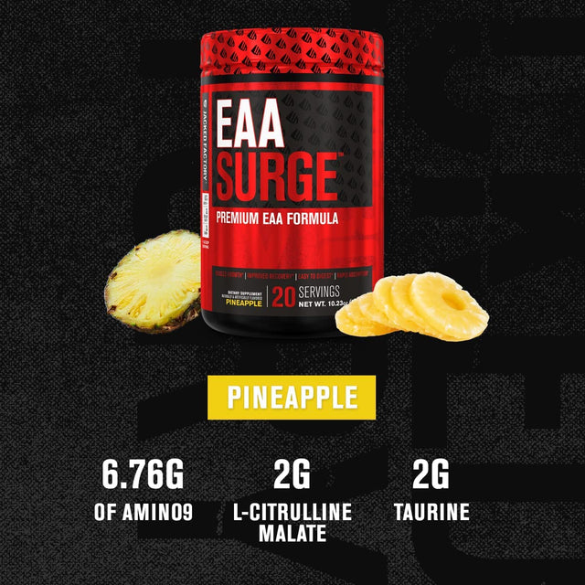 Jacked Factory EAA Surge Essential Amino Acids Powder - EAAS & BCAA Intra Workout Supplement W /L-Citrulline, Taurine, & More for Muscle Building, Strength, Endurance, Recovery - Pineapple, 20Sv