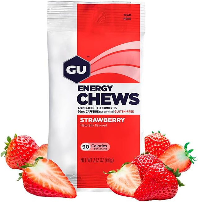 GU Energy Chews, Strawberry Energy Gummies with Electrolytes, Vegan, Gluten-Free, Kosher, and Dairy-Free On-The-Go Energy for Any Workout, 12 Bags (24 Servings Total)