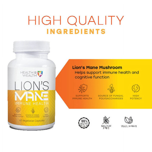 Health IS Wealth LION'S MANE Organic Mushroom Extract I Improves Immune Health and Cognitive Brain Booster Nootropic Supplement (60 Vegetarian Capsules)